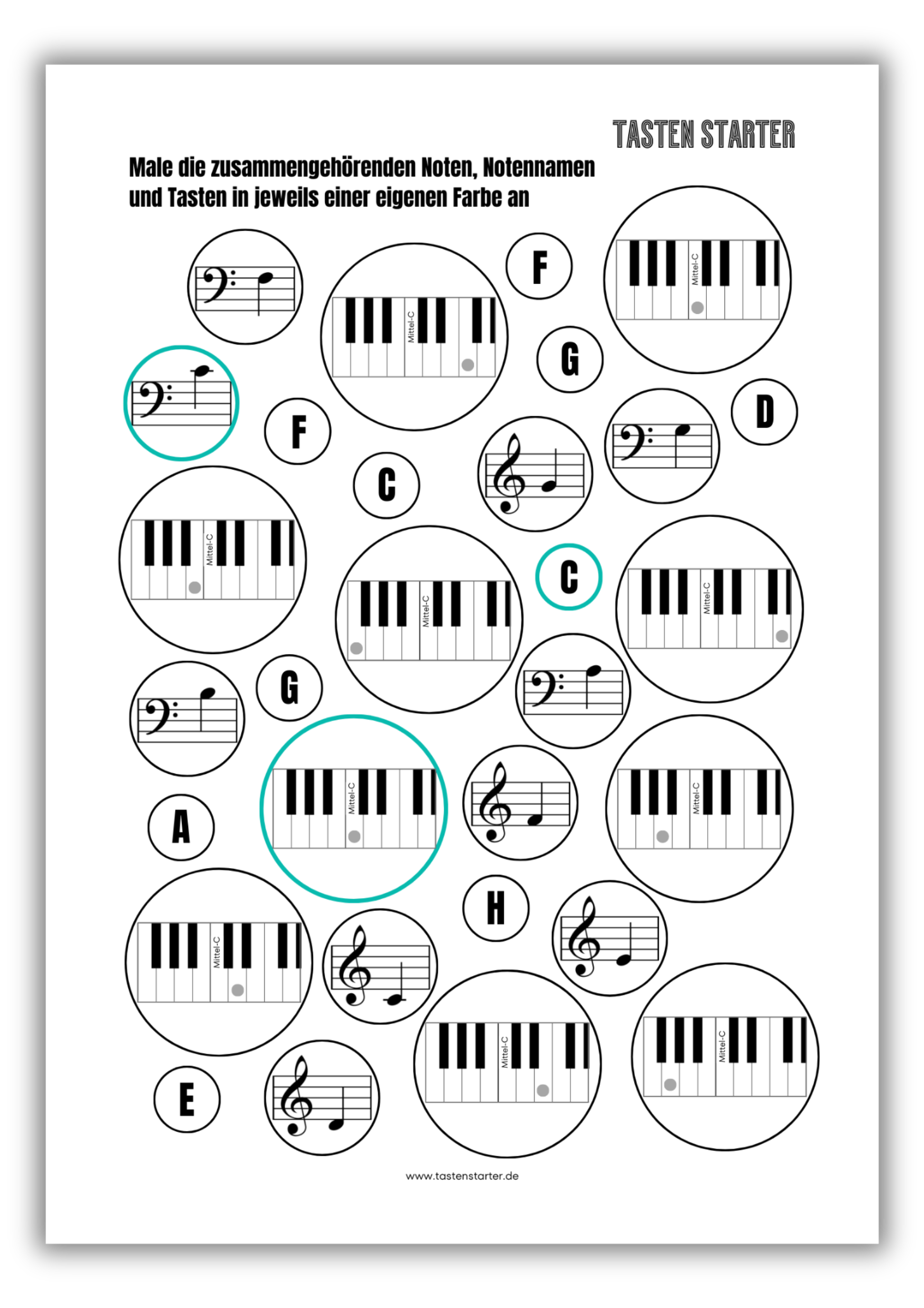 Noten Tasten Notennamen Arbeitsblatt - Tasten Starter